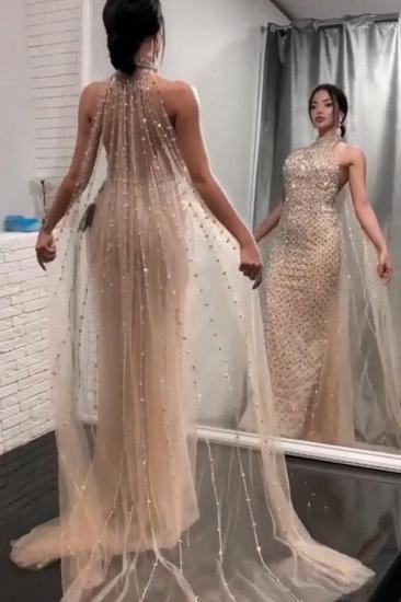 Glamorous Champagne Sheath Evening Dresses | Sexy Halter Backless Crystal Prom Dresses_3