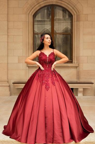 Stunning Spaghetti Straps Red Lace Appliques Satin Ball Gown