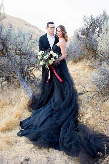 Strapless Boho Black Tulle Wedding Dress Aline Bridal Dress_2