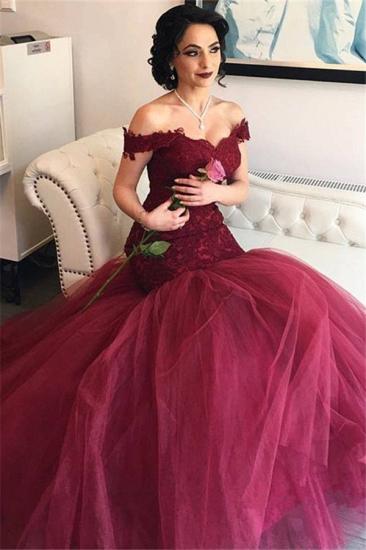 Off The Shoulder Burgundy Lace Evening Gowns Tulle Mermaid Prom Dresses_1