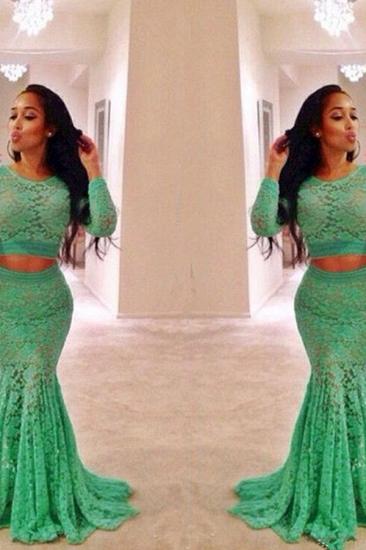 Sexy Green Two Pieces Lace Evening Dress Long Sleeve Mermaid Long Formal Special Occasion Dresses_2