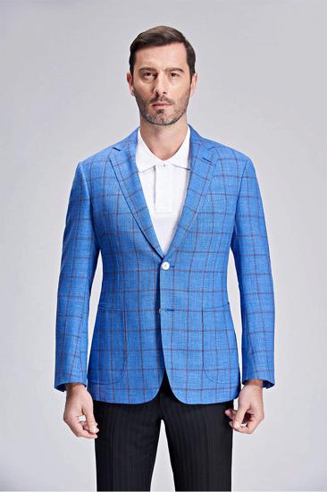 Brown Check Bright Blue Casual Blazer with Patch Pockets