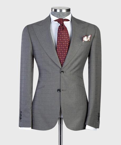 Fashion Grey Plaid Three-Piece Point Lapel Business Men Suits_5