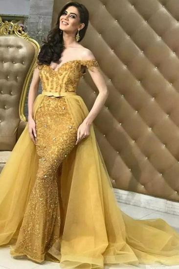 2022 Gold Off Shoulder Mermaid Sexy Evening Dresses | Overskirt Lace Tulle Cheap Proom Dresses Online_2