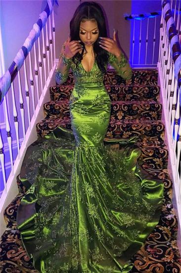 Cheap Long Sleeve Lace Green Prom Dresses for Juniors | Sexy V-neck Mermaid Evening Gowns_1