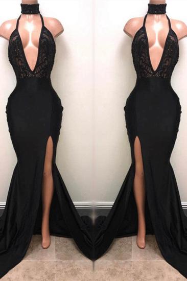 Halter Deep V-neck Black Prom Dresses | Sexy Slit Sleeveless Cheap Evening Dress_2