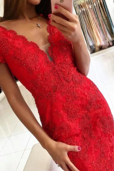 Short Sleeves Mermaid Evening Dress Backless Red Party Dress with Lace Apliques_2