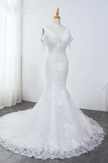 Bradyonlinewholesale Sparkly Sequined V-Neck Cold-Shoulder White Wedding Dress White Mermaid Lace Appliques Bridal Gowns On Sale_3