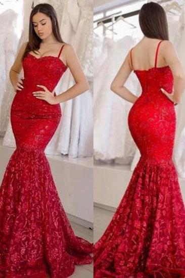 Glamorous Red Lace Long Evening Dresses | Spaghetti Straps Mermaid Evening Gowns Online_1