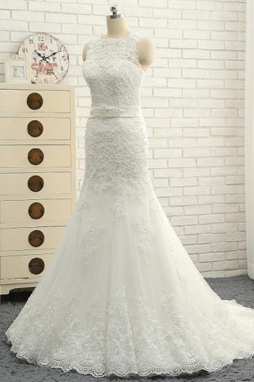 Bradyonlinewholesale Stylish Jewel Sleeveless Mermaid Wedding Dresses White Lace Bridal Gowns With Appliques On Sale_3