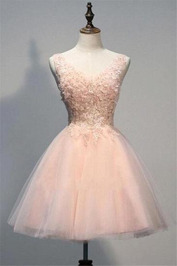 Pink Lace Short Prom Dresses Evening Dresses With Lace Appliques A Line Tulle Evening Wear_1