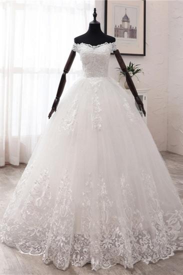 Bradyonlinewholesale Ball Gown Off-the-Shoulder Lace Appliques Wedding Dresses White Tulle Sleeveless Bridal Gowns_1