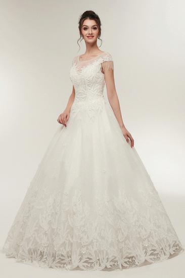 A-line Cap Sleeves Scoop Floor Length Lace Appliques Wedding Dresses with Crystals_6