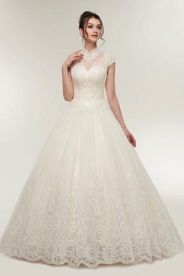 A-line High Neck Short Sleeves Long Lace Appliques Wedding Dresses with Lace-up