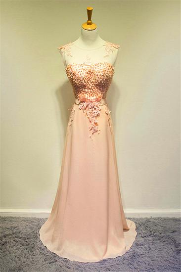 Applique Pink Chiffon Long Evening Dresses with Pearls A-line Sheer Back Sweep Train Zipper Prom Dresses_1