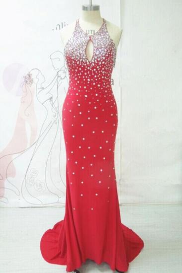 Sexy Halter Mermaid Red Long Crystal Evening Dresses with Beads Open Back Beautful Dresses for Senior Prom
