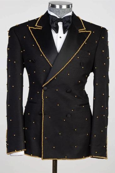Tate Black Peaked Lapel Double Breasted Prom Suits With Gold Beading_1