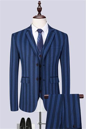 Navy Striped Business Mens Suit | Three-Piece Formal Notched Lapel Tuxedo