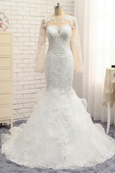 Bradyonlinewholesale Elegant Jewel Mermaid Lace Wedding Dress Long Sleeves White Appliques Bridal Gowns On Sale