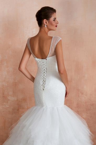 Catherine | Luxury V-neck Cap Sleeve Beach Low back Lace up White Close fitting Bridal Gowns with Sequins_4