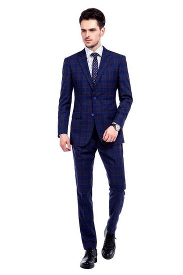 Fashion Plaid Notched Lapel Blue Mens Business Suit