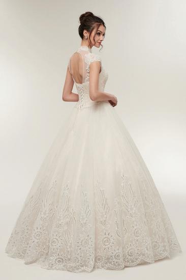 A-line High Neck Short Sleeves Long Lace Appliques Wedding Dresses with Lace-up_6