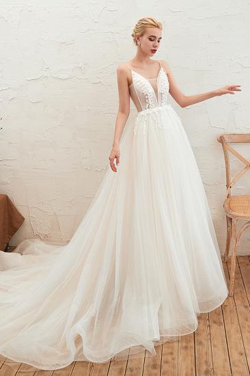 Chic Spaghetti Straps V-Neck Ivory Tulle Wedding Dress with Appliques_6
