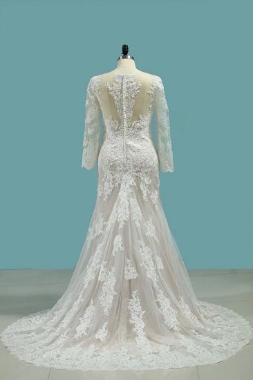 Bradyonlinewholesale Elegant Mermaid Jewel Tulle Lace Wedding Dress Long Sleeves Appliques Sequined Bridal Gowns Online_2