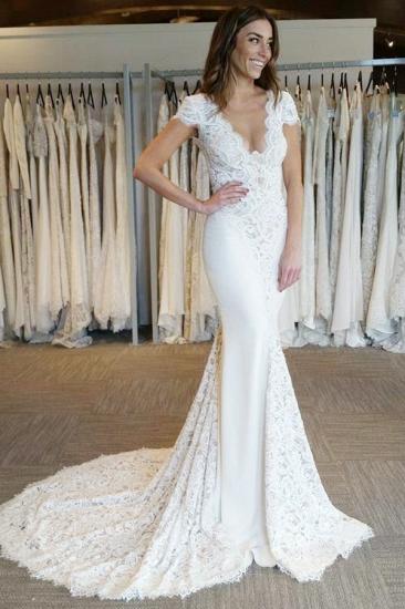 White V-Neck Lace Appliques Mermaid Bridal Gown| Backless Cap Sleeve Long Wedding Dress_1