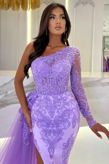 Lilac Long sleeves High Split Tulle Prom Dresses_2