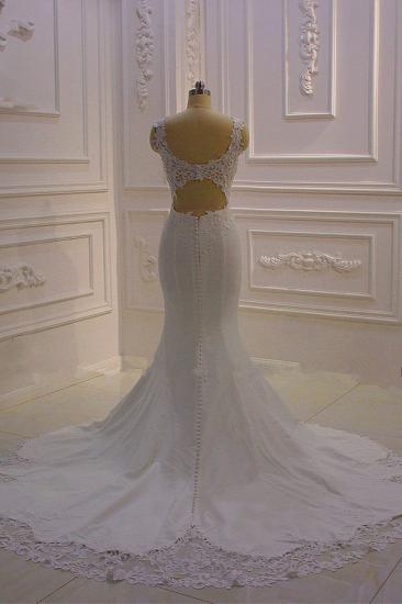 Elegant Sleeveless Lace V-neck Column White Court Train Wedding Dress_3