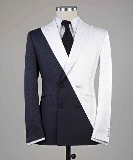 Modern black and white double-breasted pointed collar slim-fit men's suit_3