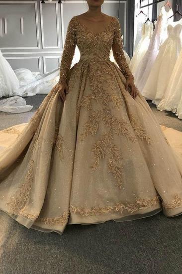 Gold Appliques Sparkling Beads Ball Gown Wedding Dresses | Sheer Tulle Long Sleeve Bridal Gowns