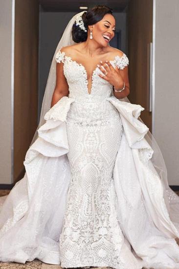 Cap sleeves Mermaid Long Wedding Dresses with Ruffle Overskirt_2
