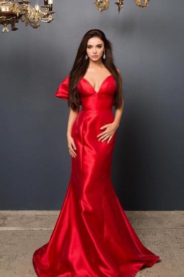 Charming V-neck Red Satin Mermaid Evening Dress with Back Bowtie_1