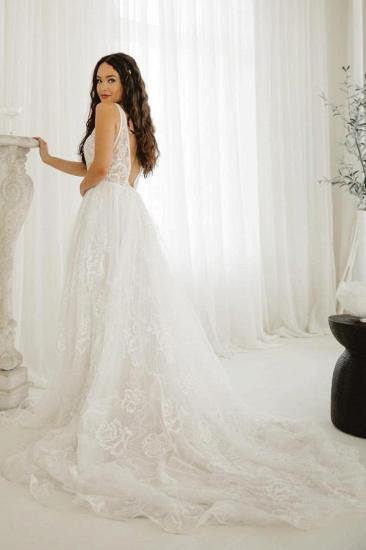 Deep v-neck sleeveless white tulle lace wedding dress_2