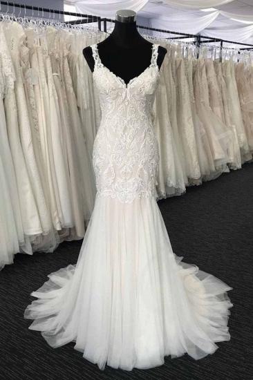 Bradyonlinewholesale Glamorous White Tulle V-Neck Long Appliques Wedding Dress Mermaid Lace Bridal Gowns On Sale