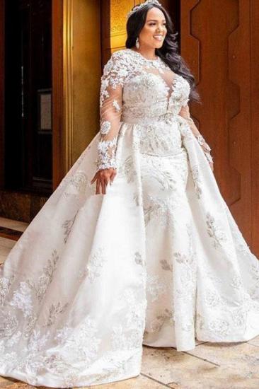 Long sleeve Lace White Mermaid Bridal Gowns with Trendy Overskirt_2
