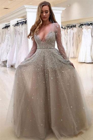 Sexy V-neck Long Sleeve Prom Dresses Beads Tulle Cheap Formal Evening Gown_1