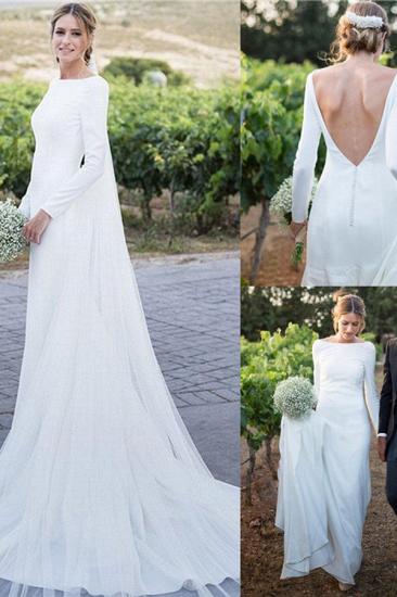 Backless Wholesale Satin Simple Wedding Dresses | Elegant Long Sleeve Sheath Elegant Bridal Gowns_4