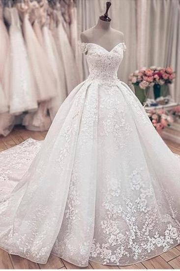 Off The Shoulder Floral Appliques Ball Gown Wedding Dresses | Lace Sleeveless Bridal Gowns_4