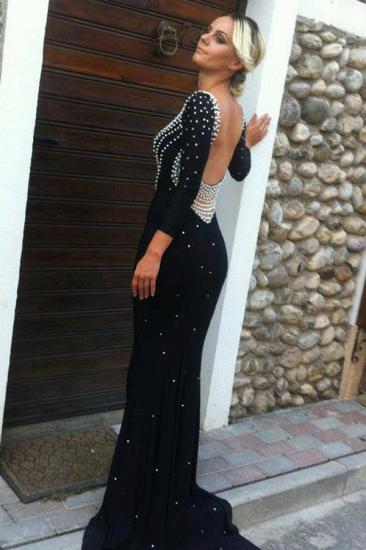 Long Sleeve Mermaid Sexy Prom Gowns Scoop Open Back Beadings Evening Dresses_3
