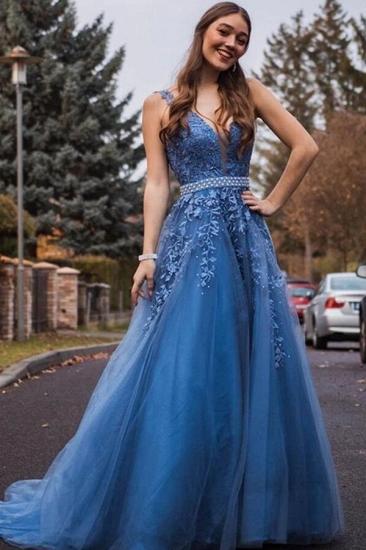 Sleeveless Ocean blue Tulle Formal Dress V-Neck Evening Dress with Belt_1