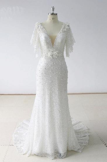 Bradyonlinewholesale Elegant Stunning Sequins White Tulle Wedding Dress Sweep Train Mermaid Short Sleeve Bridal Gowns On Sale_1