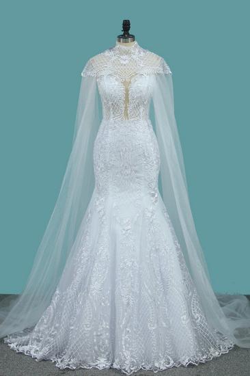 Bradyonlinewholesale stylish Jewel Sleeveless White Tulle Wedding Dress Mermaid Appliques Bridal Gowns with Wraps Online_3