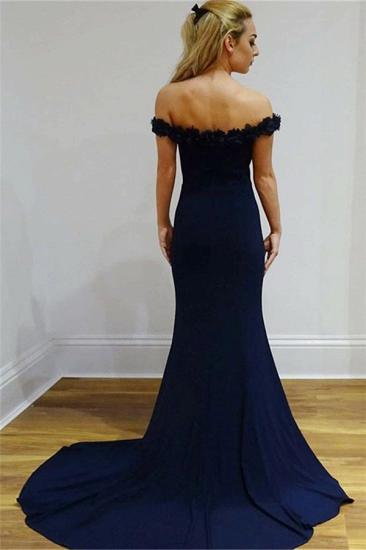 2022 Dark Navy Sheath Cheap Evening Dresses | Off Shoulder Flowers Sexy Lace Prom Dresses Online_2