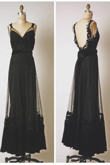 Black V-Neck Applique Cute Prom Dresses Floor Length Backless Sexy Long Sheer Evening Gowns_2