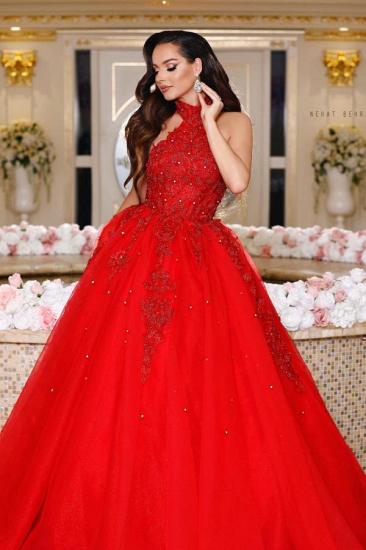 Halter Red Appliques Tulle Evening Maxi Gown