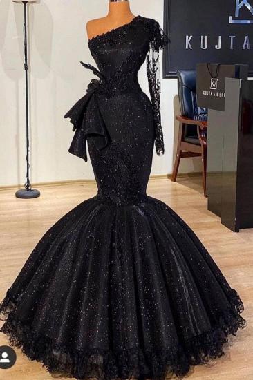 Stunning Black Glitter Mermaid Prom Dress Long Sleeves with Floral Lace Slim Fit Party Dress_1