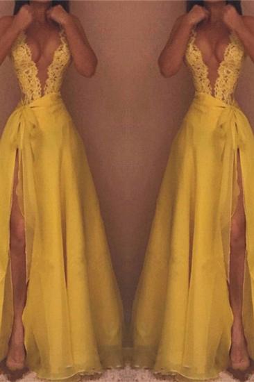 Deep V-neck Sexy Yellow Evening Dresses | Side Slit Lace Sleeveless Cheap Prom Dresses_2